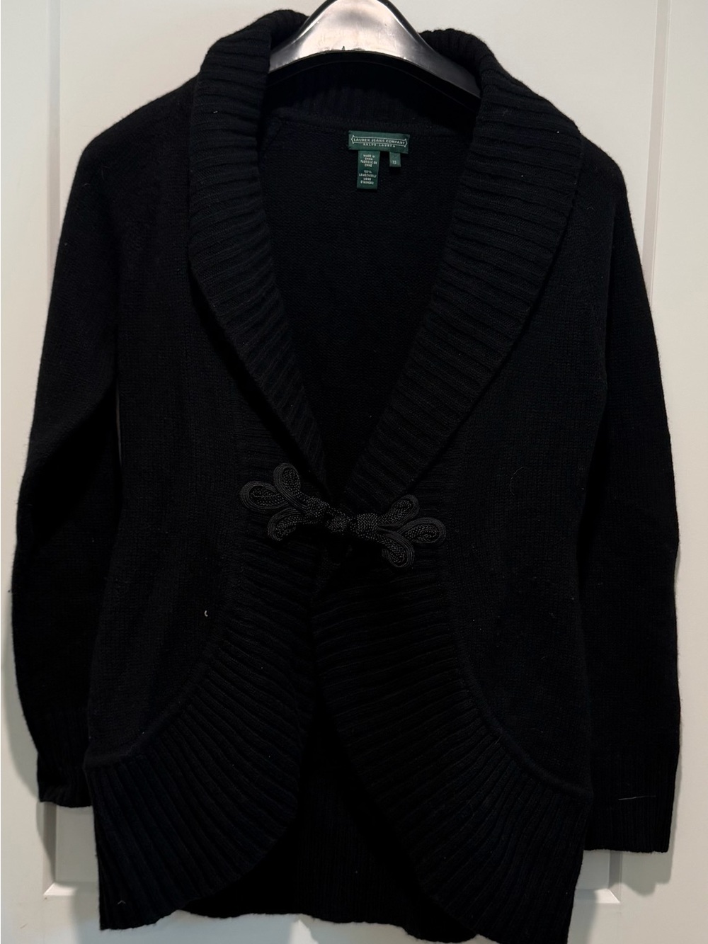 Lauren Ralph Lauren Black 100% Lambswool Shawl Collar Cardigan XS Frog Closure - Picture 2 of 9
